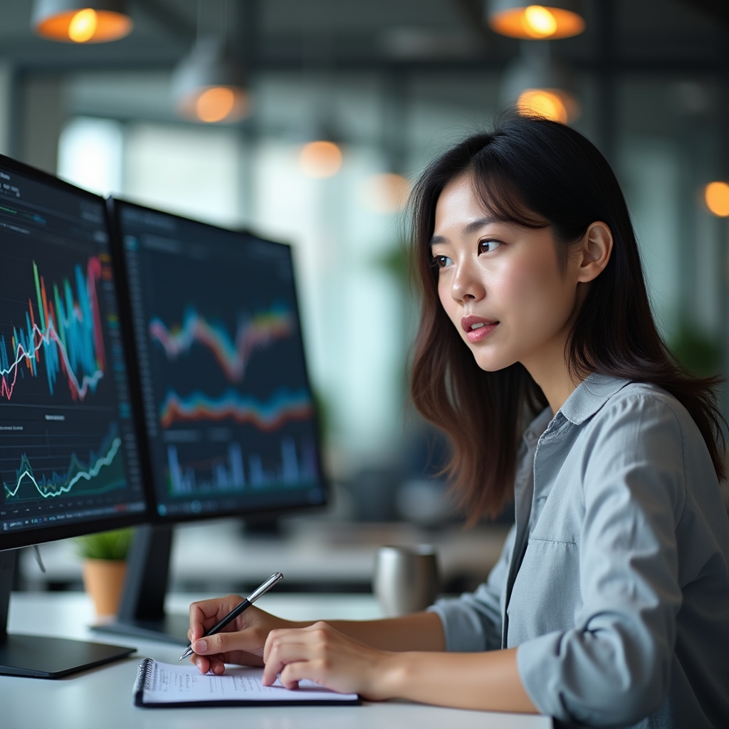 Business analyst reviewing a financial dashboard on a large monitor in a quiet office setting