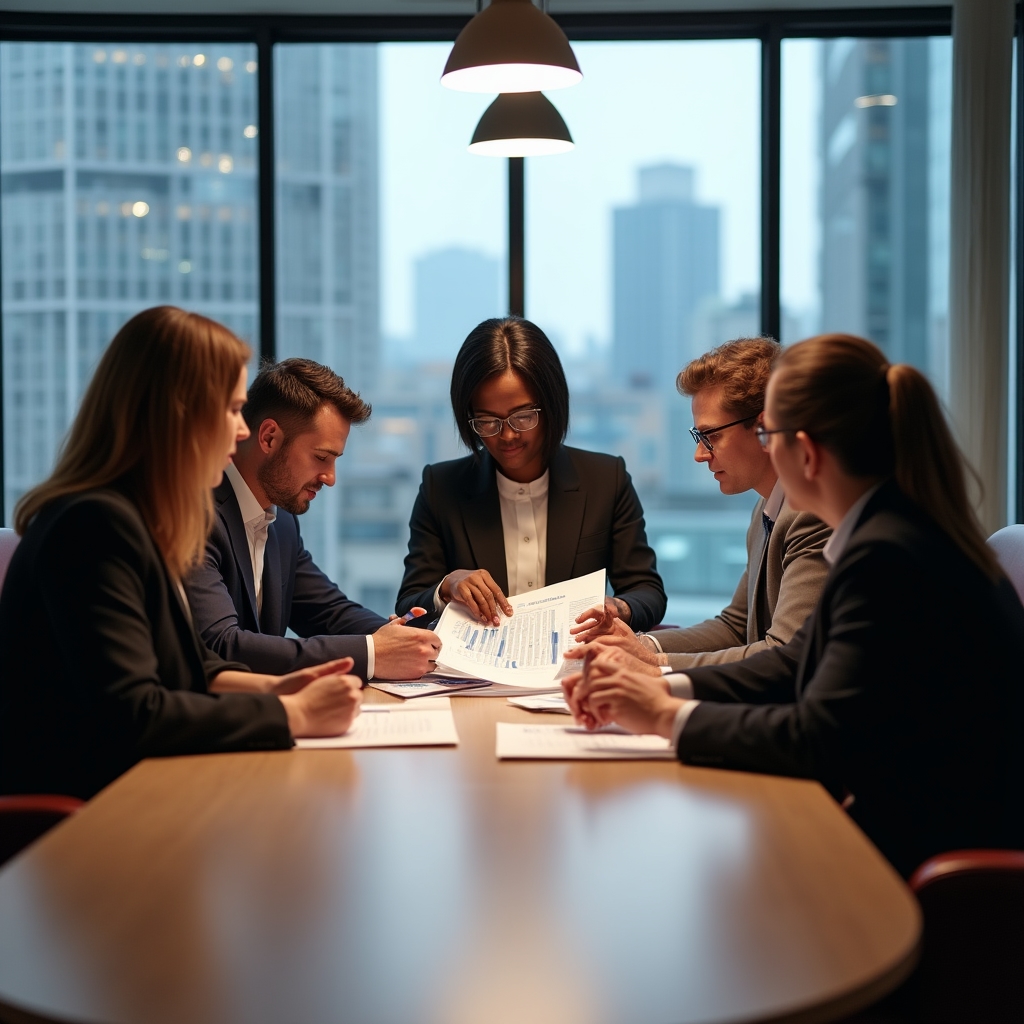 Senior business team reviewing quarterly data reports around a conference table in a modern office