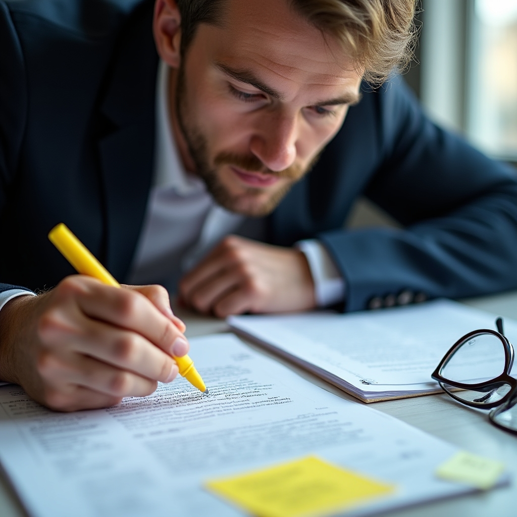 Professional closely examining printed case study materials with annotations and highlighted data points