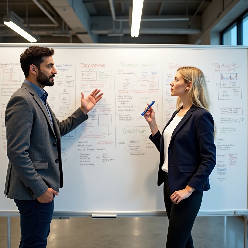 Two professionals discussing a whiteboard covered in data flow diagrams and causal arrows