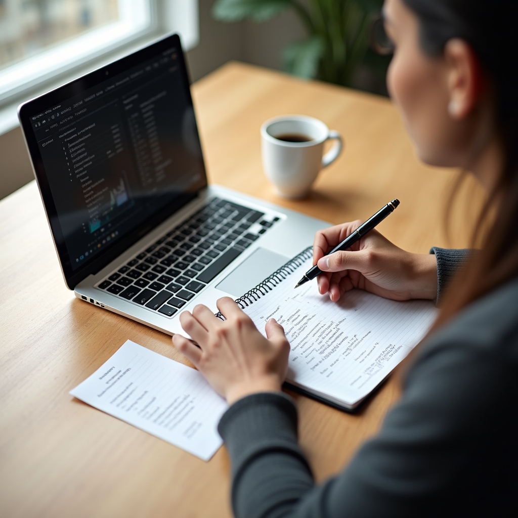 Professional taking notes at a desk with a laptop showing a data analysis module