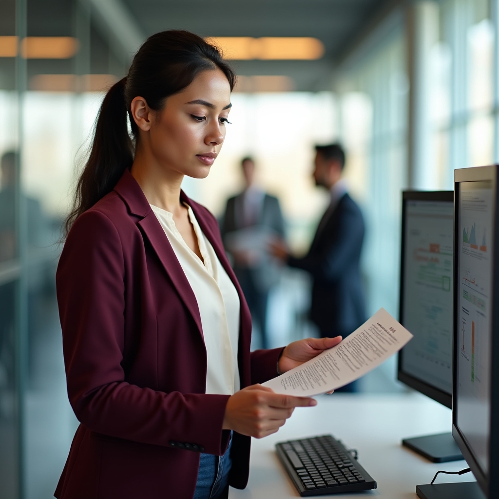 Professional in a well-lit office reviewing industry-specific data reports with a focused expression